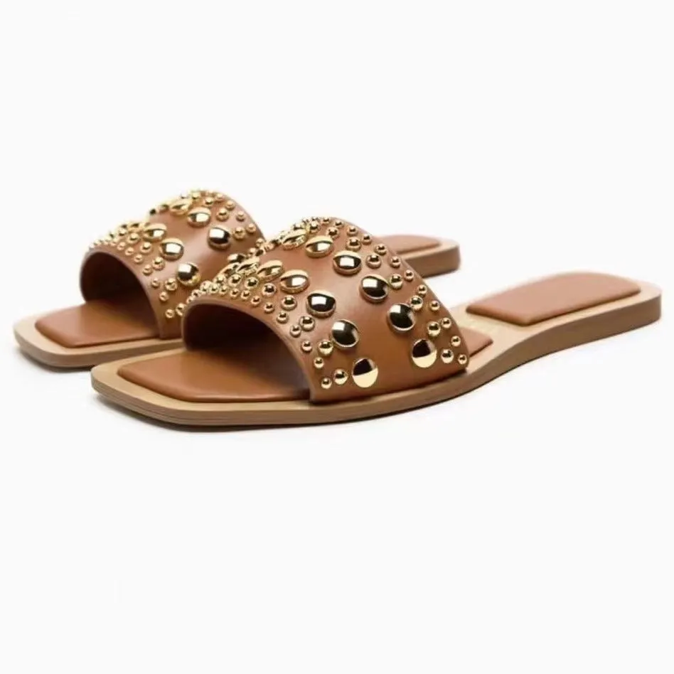 Pre Order:  Rivet Strappy Square Toe Flat Sandals