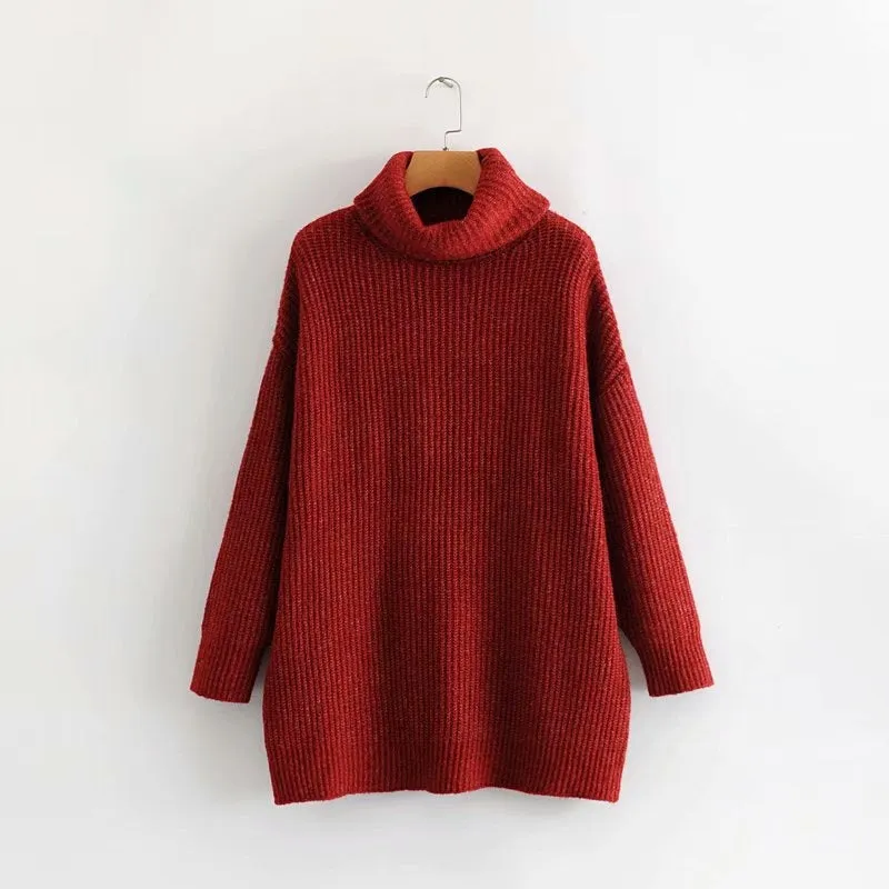 Pre Order: Turtle Neck Solid Knitted Long Sleeves Dress Sweater