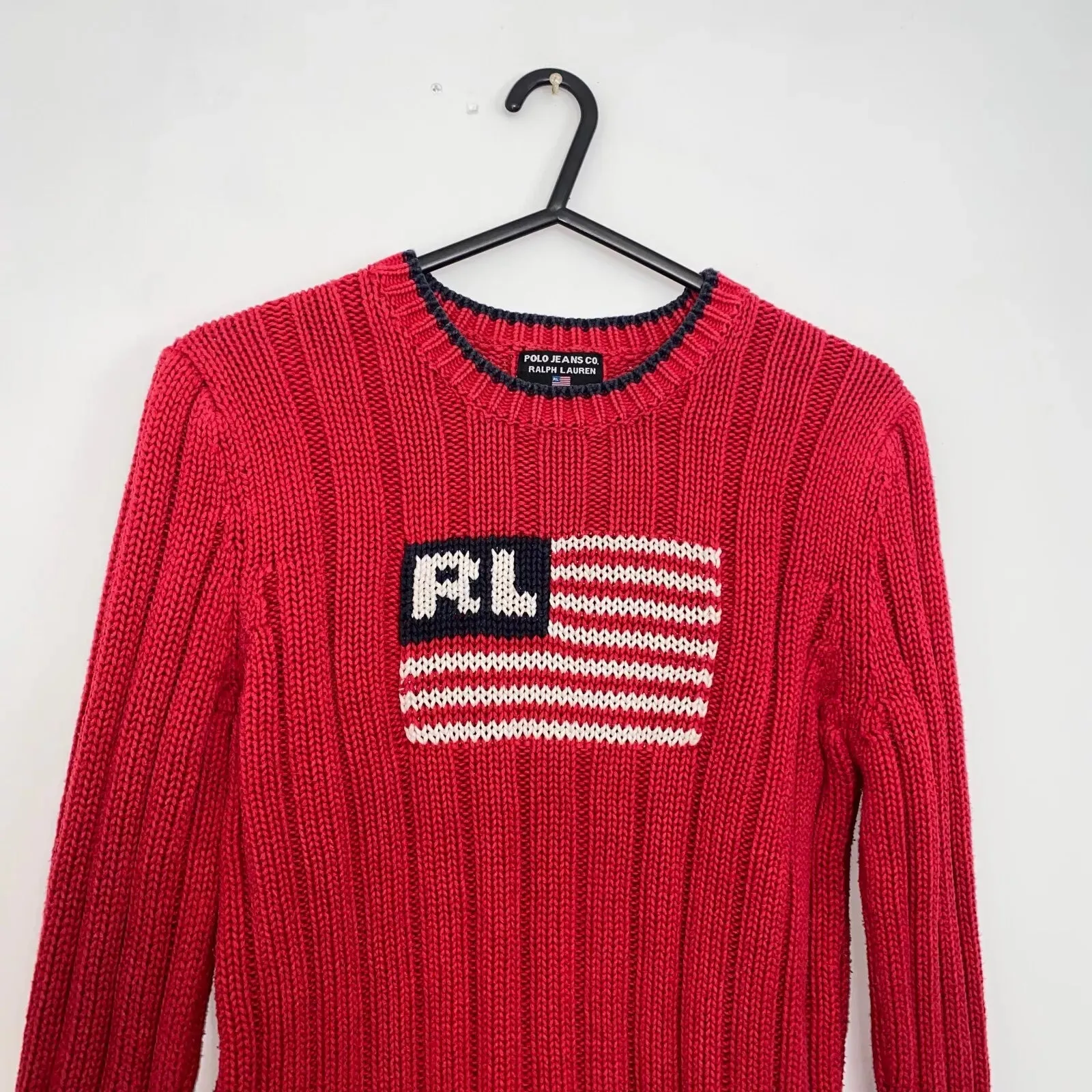 Preowned Polo Jeans Ralph Lauren Womens Knit Flag Jumper Size M Red USA American Sweater