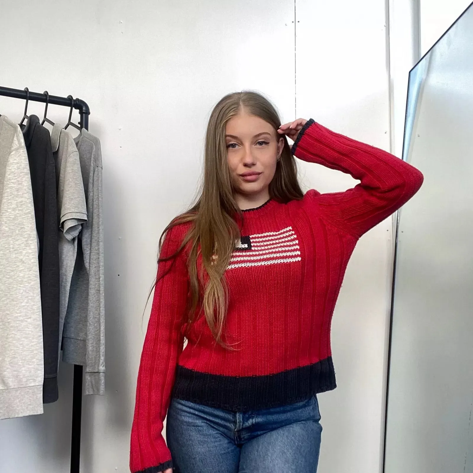 Preowned Polo Jeans Ralph Lauren Womens Knit Flag Jumper Size M Red USA American Sweater