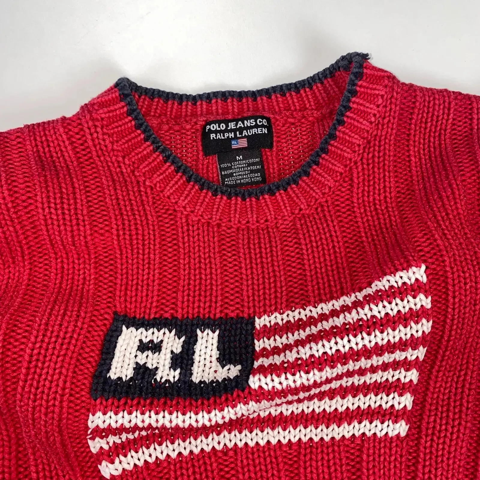 Preowned Polo Jeans Ralph Lauren Womens Knit Flag Jumper Size M Red USA American Sweater