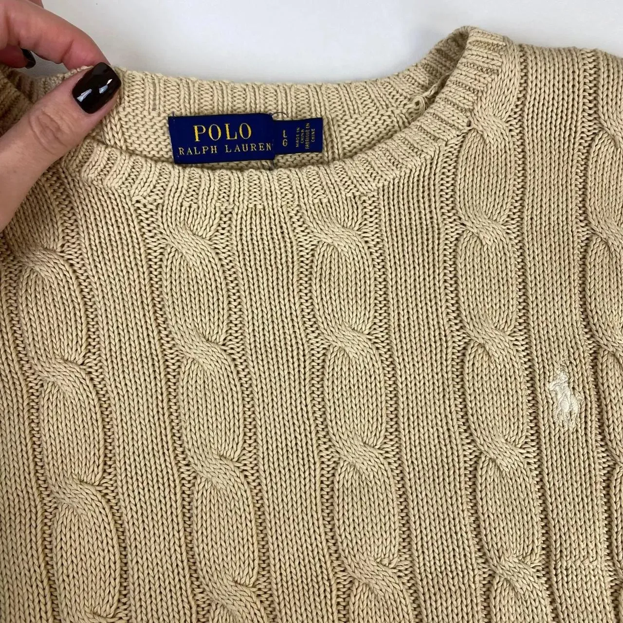 Preowned Polo Ralph Lauren Womens Cable-Knit Jumper Size L Beige Crew Sweater Logo Pima