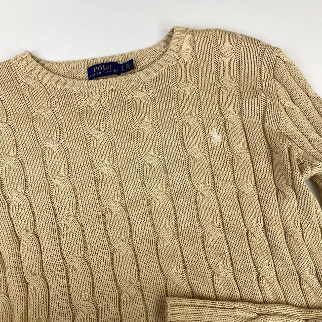 Preowned Polo Ralph Lauren Womens Cable-Knit Jumper Size L Beige Crew Sweater Logo Pima