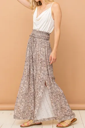 Printed Smocked Waist Slit Wide Leg Pants