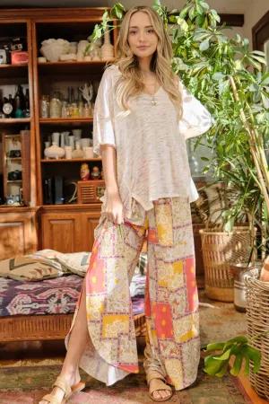 Printed Smocking Waist Side Slit Wide Leg Pants