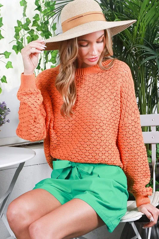 Pumpkin Round Neck Long Sleeve Crochet Sweater Top