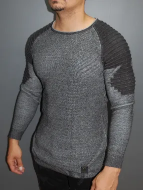 R&R Men Stylish 2 Tone Ribbed Arm Crew Neck Sweater - Dark Gray