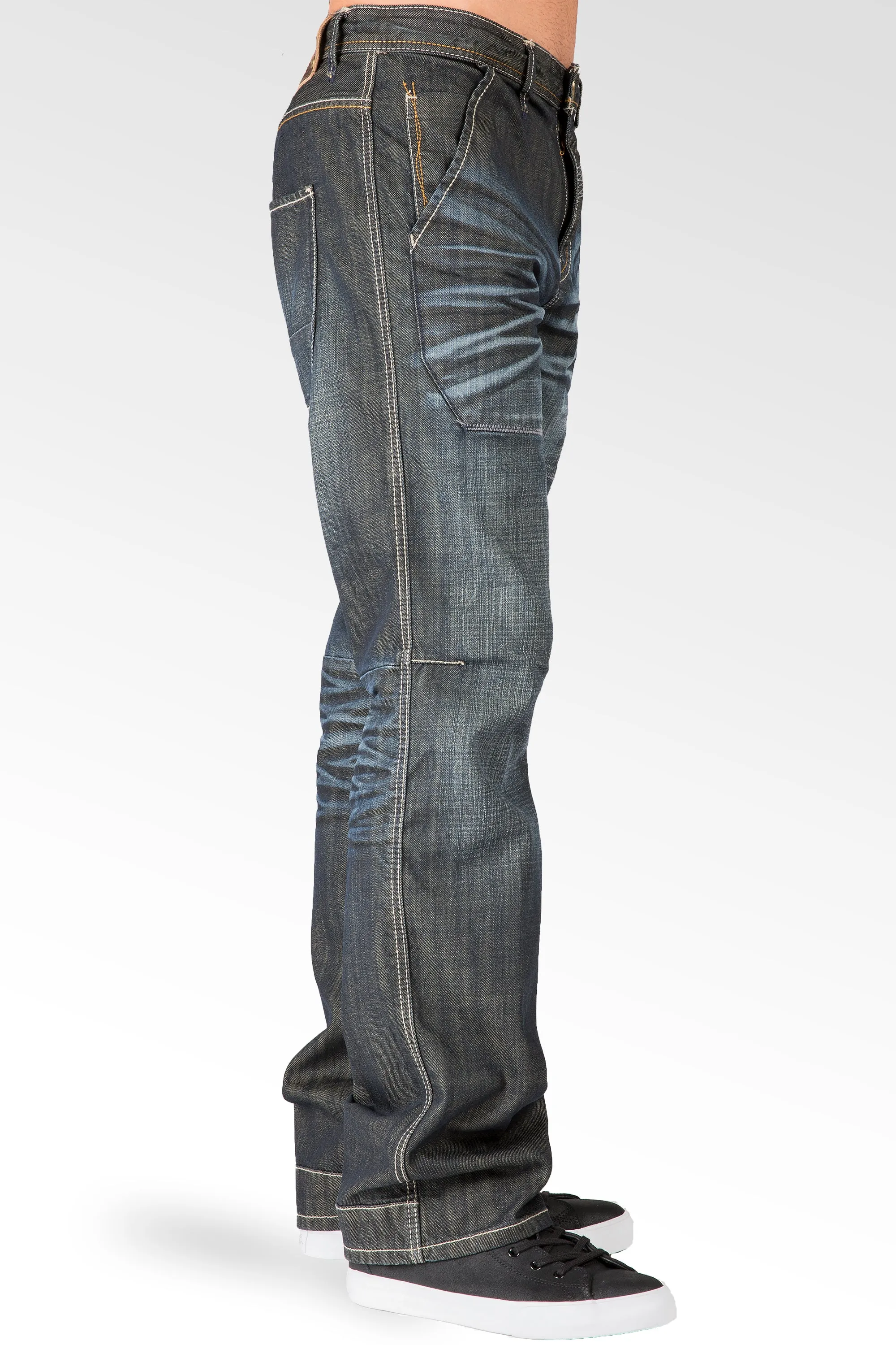 Relaxed Straight Dark Wrinkle Wash Ripped & Repaired Premium Denim Jeans