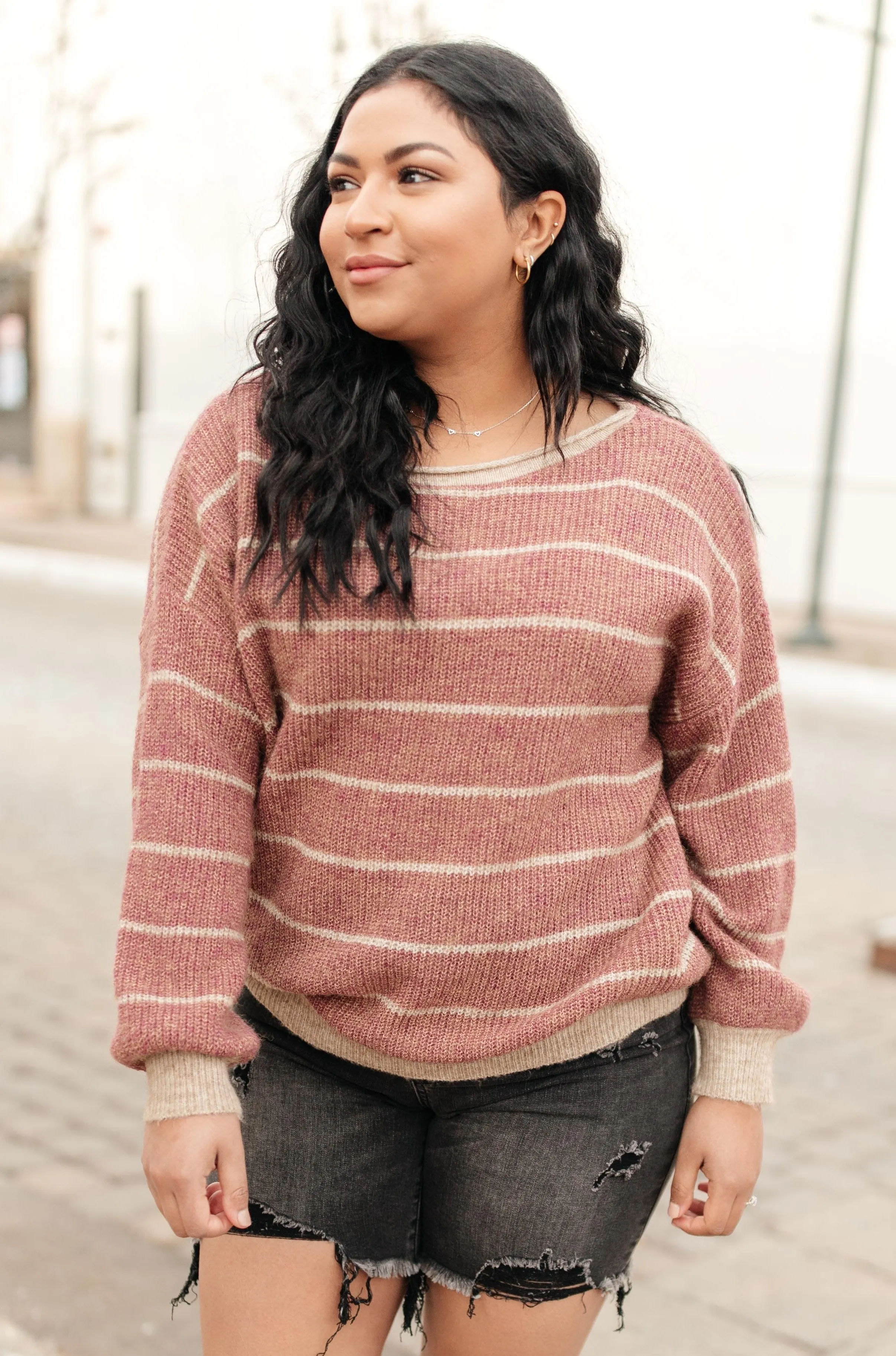 Ribbed and Striped Sweater in Mauve