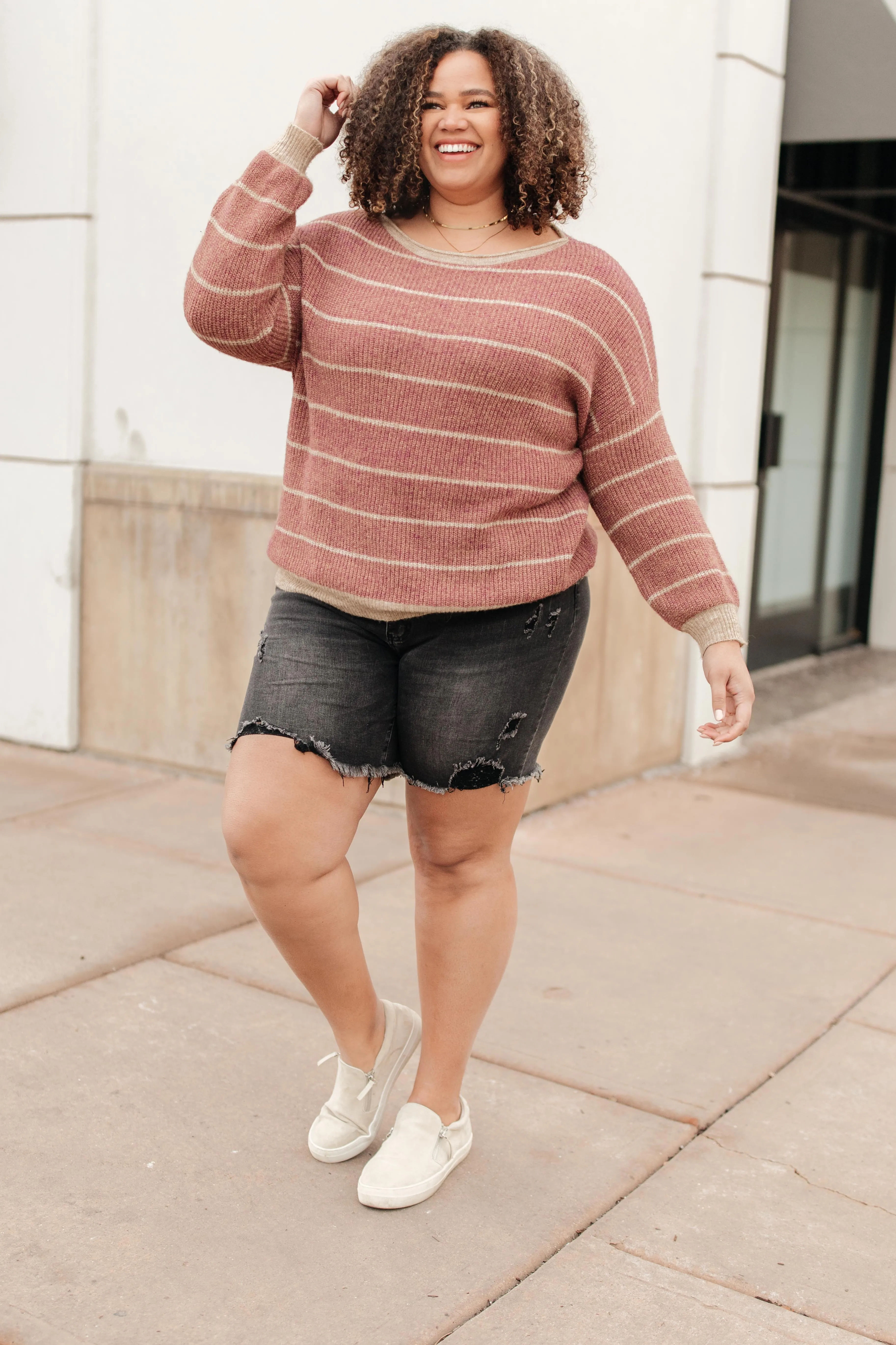 Ribbed and Striped Sweater in Mauve