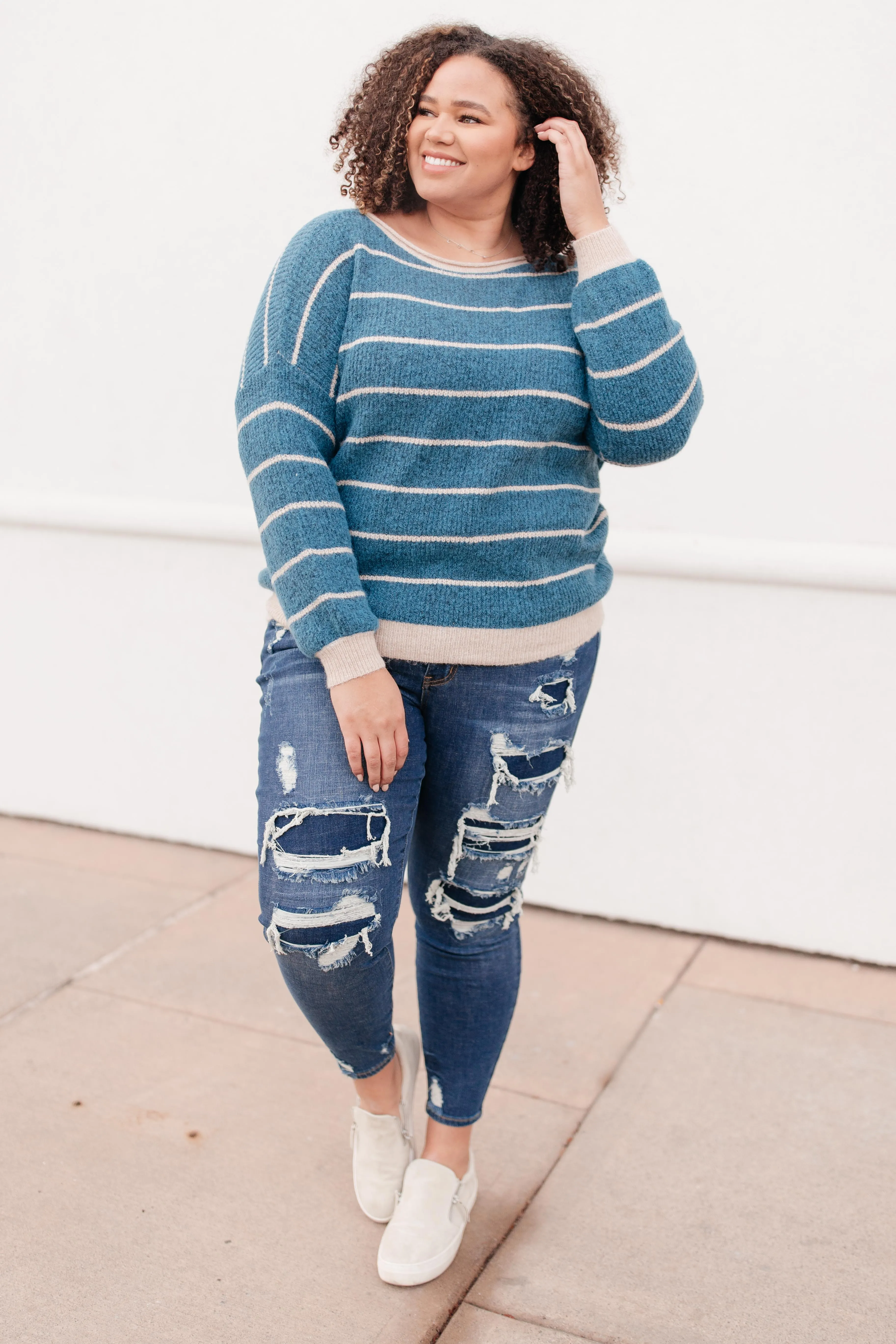 Ribbed and Striped Sweater in Teal