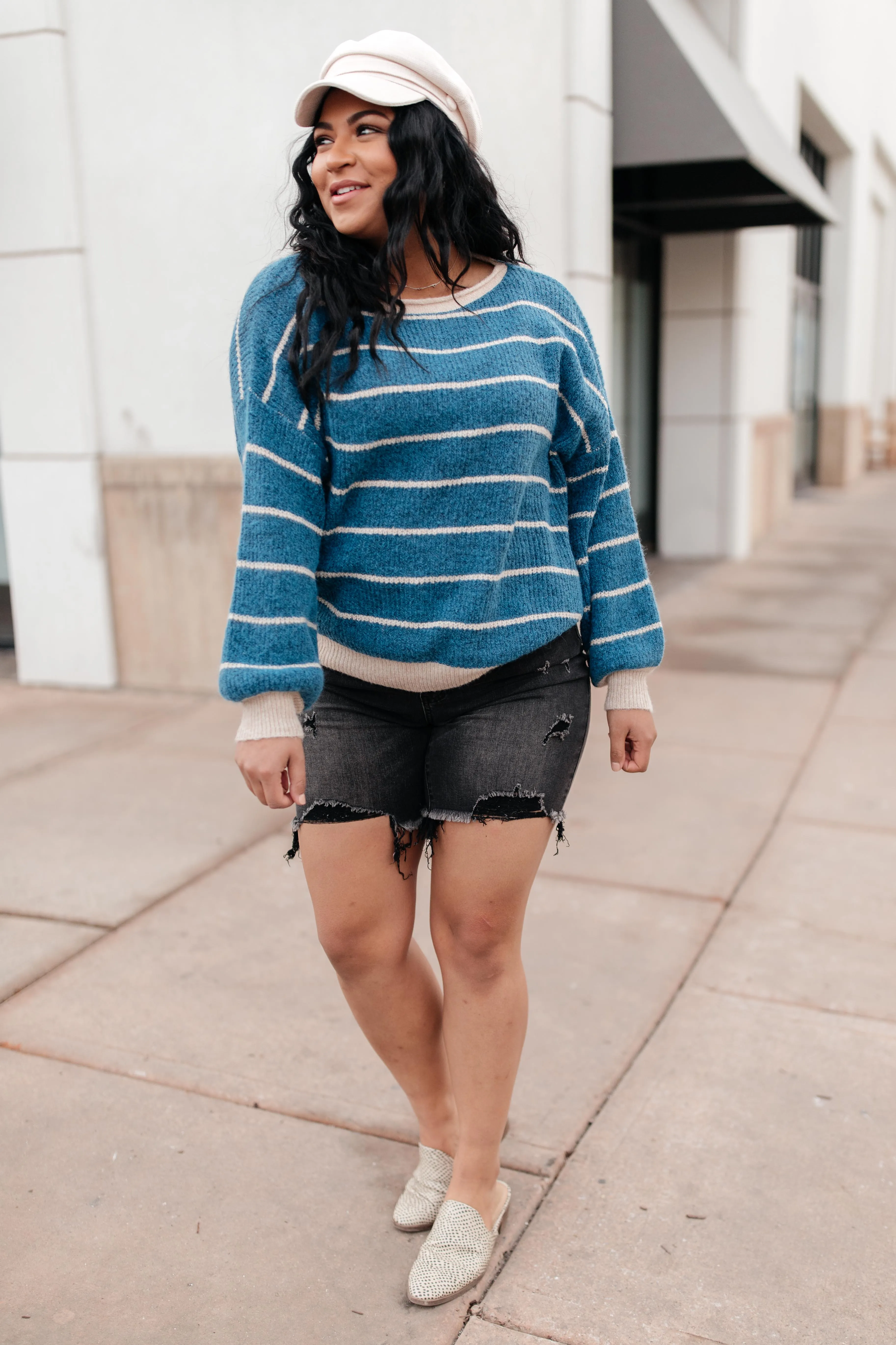 Ribbed and Striped Sweater in Teal