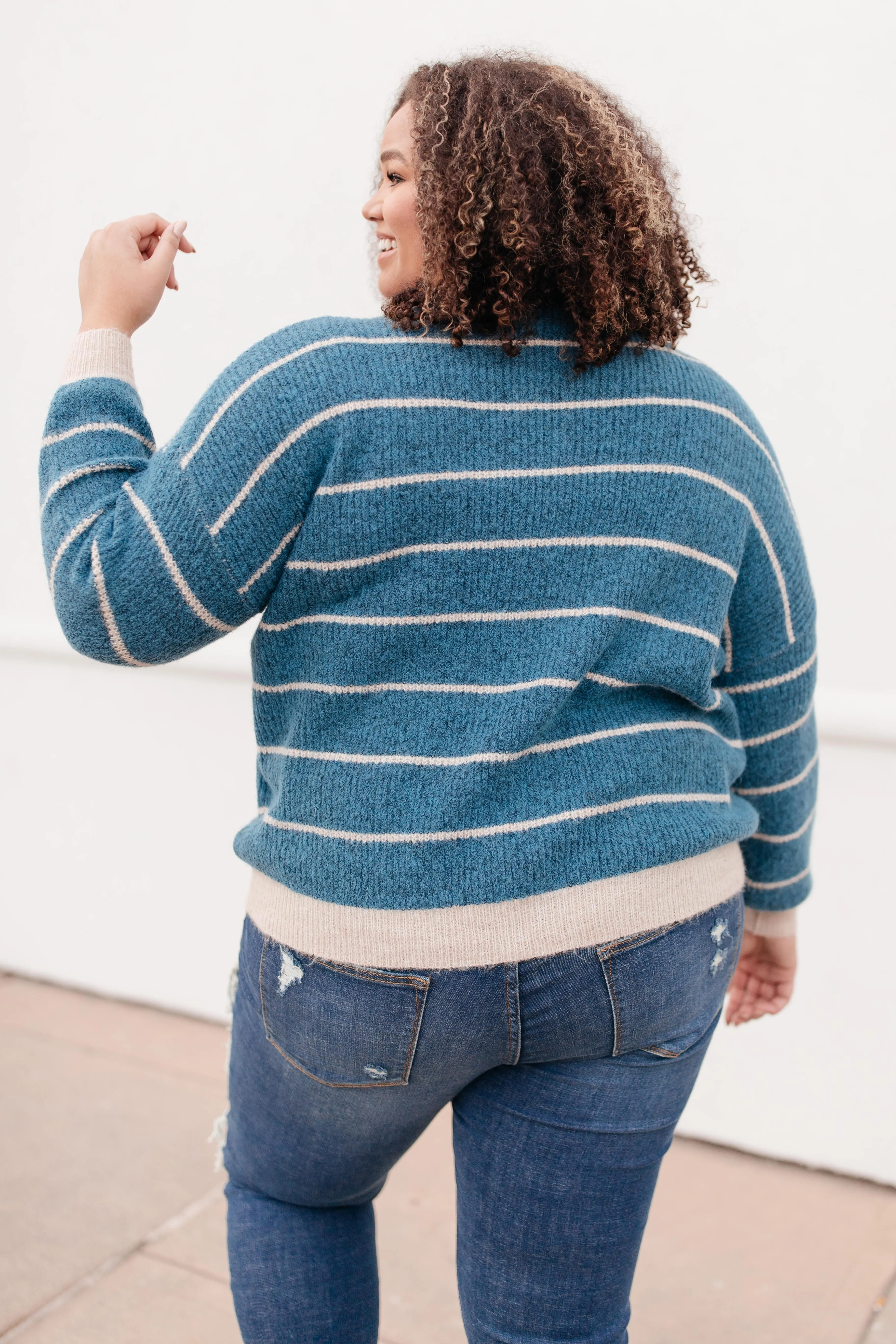 Ribbed and Striped Sweater in Teal