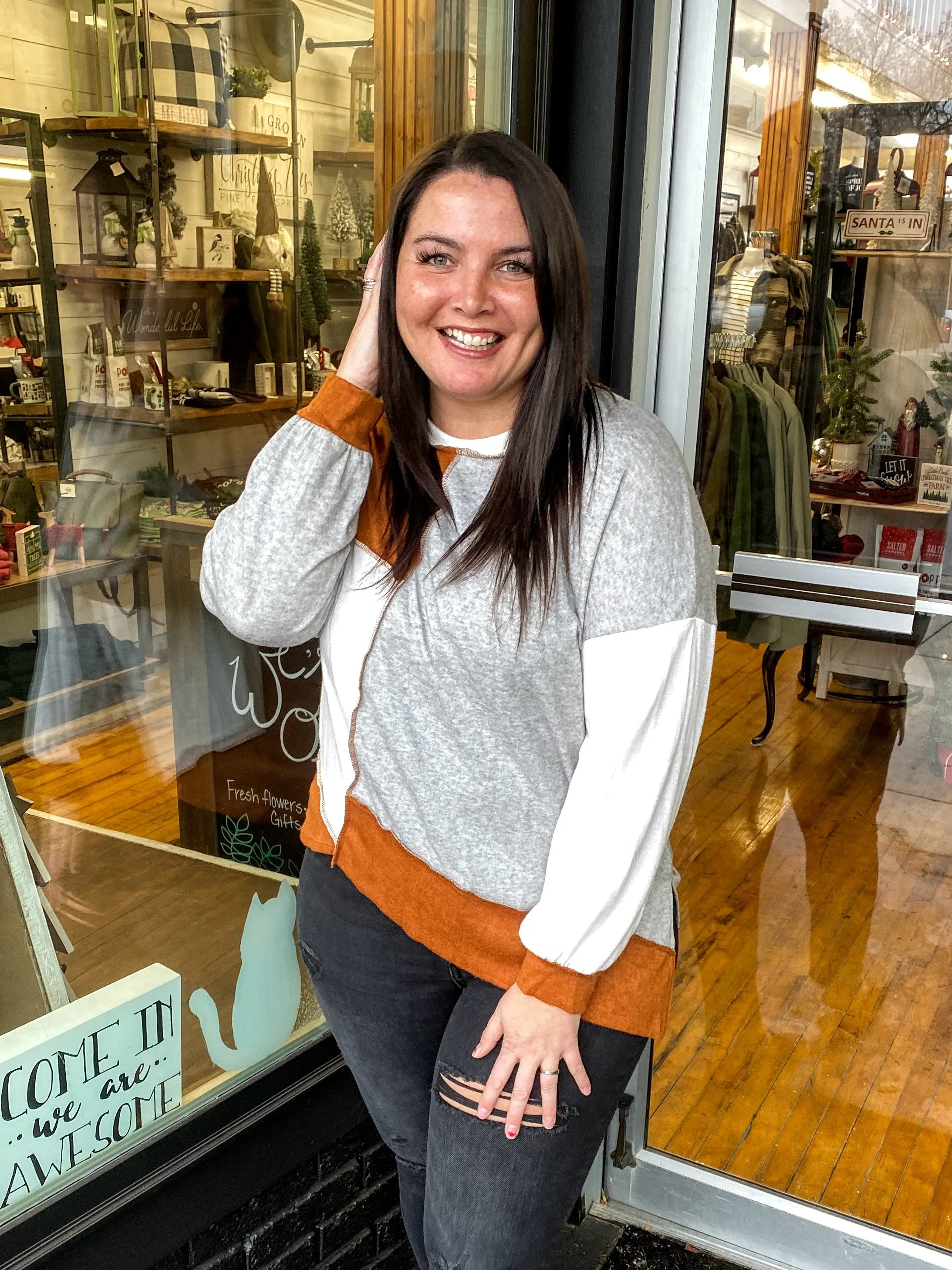 Rust, Grey & Ivory Color Block Asymmetrical Top-Plus