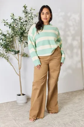 Sage   Ivory Striped Round Neck Sweater