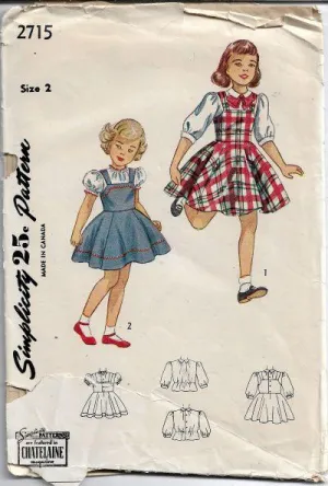 Simplicity 2715 Vintage Sewing Pattern 1940s Little Girls Jumper Dress Blouse