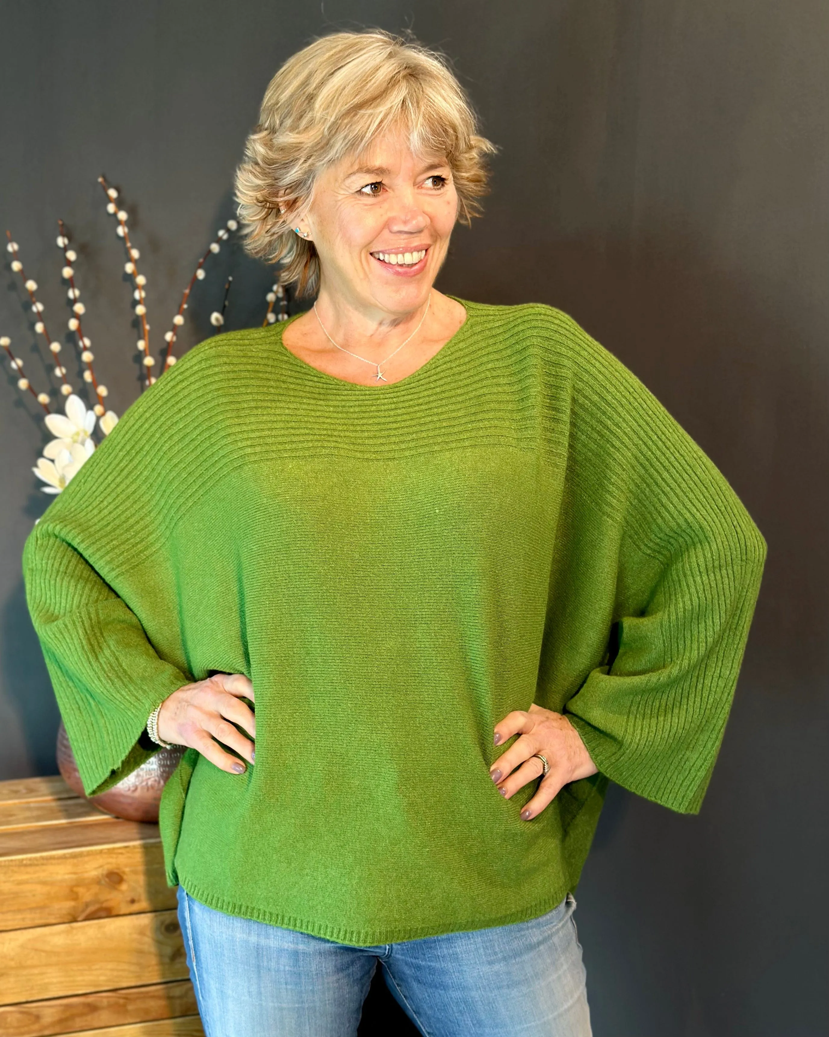 Slash Neck Ribbed Jumper - Fir Green