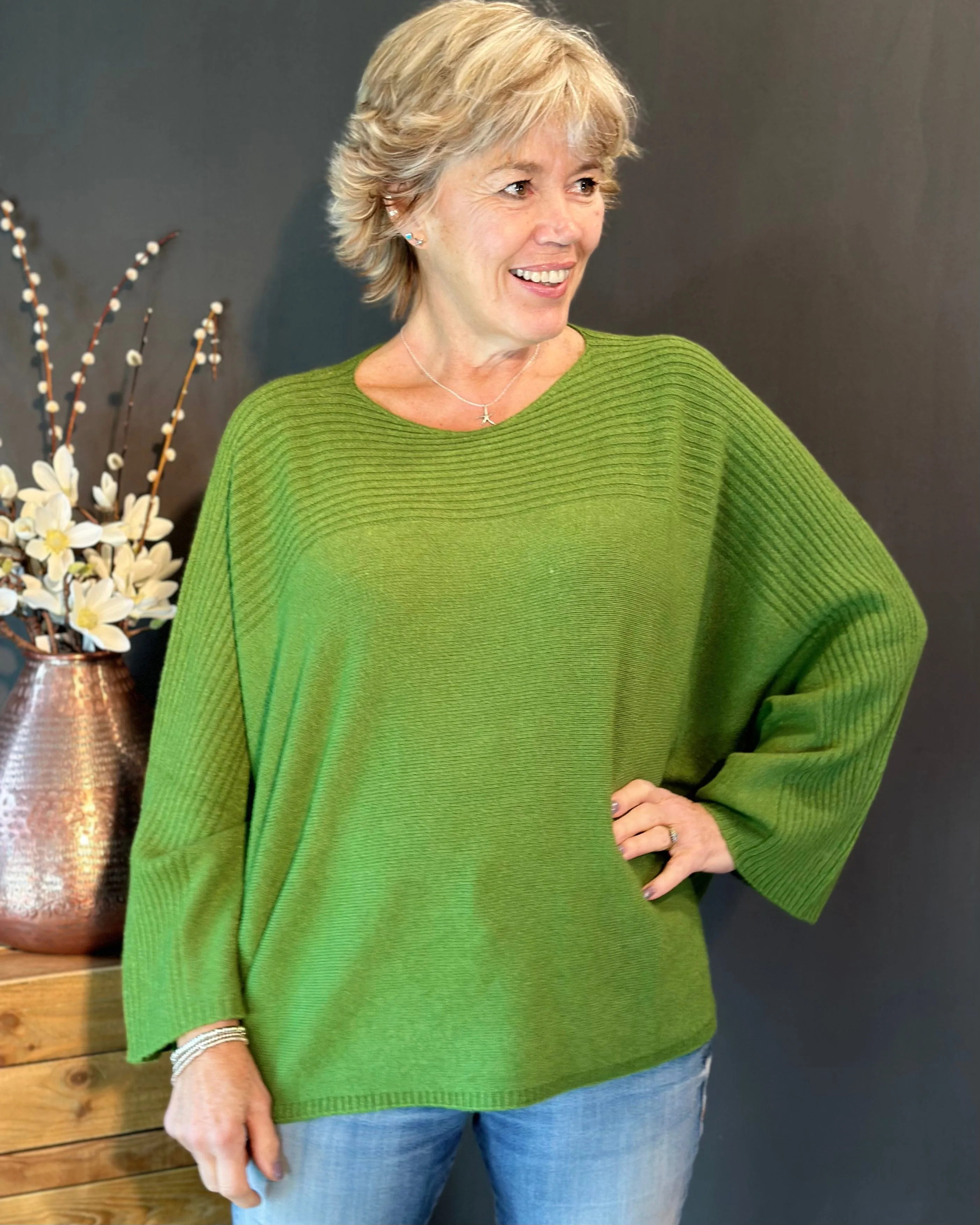 Slash Neck Ribbed Jumper - Fir Green