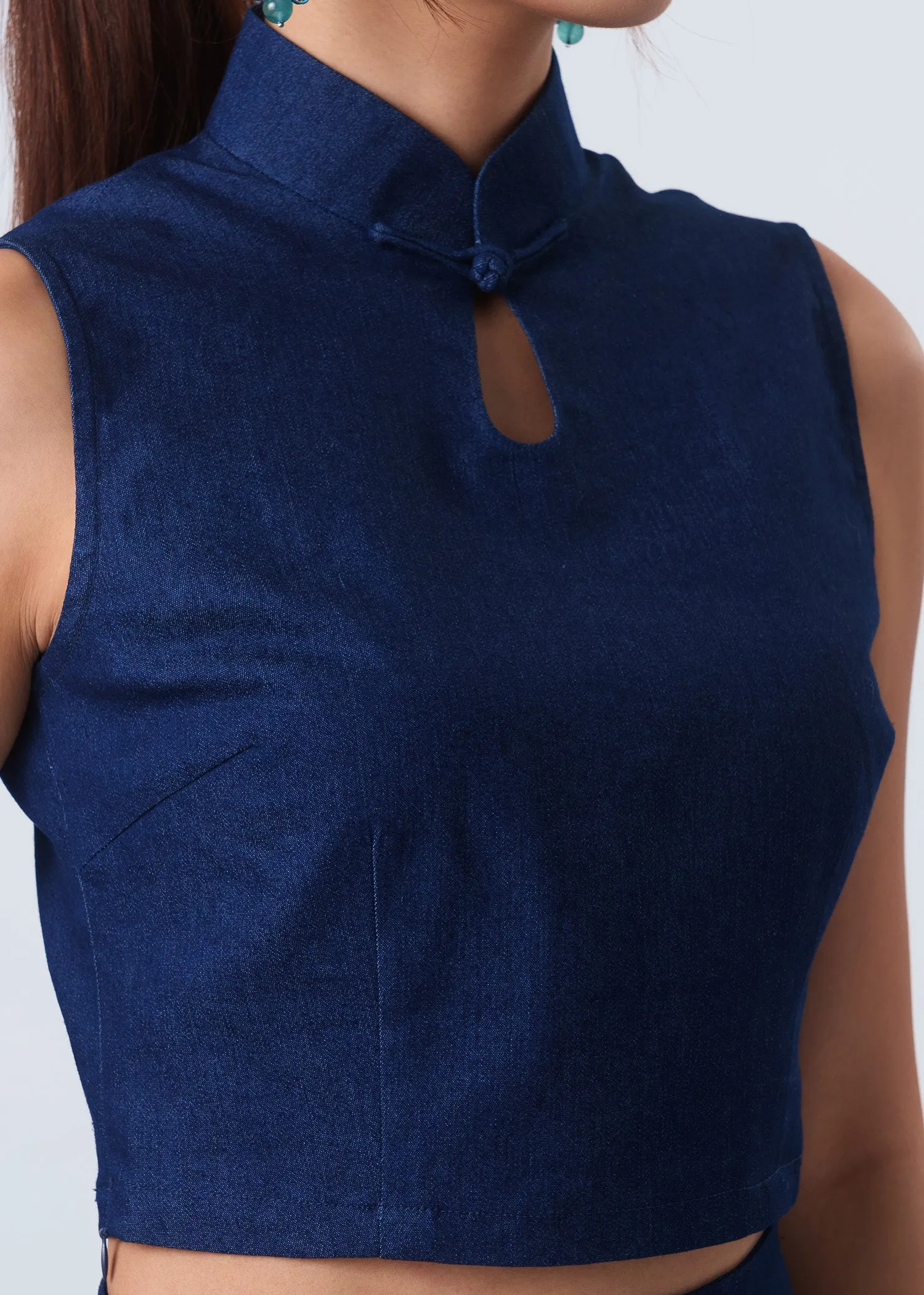 Sleeveless Denim Qipao Top (Denim Blue)