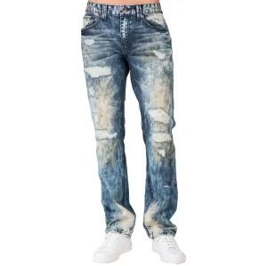 Slim Straight Destroyed & Mended Premium Denim 5 Pocket Jeans Bleach Tinted Wash