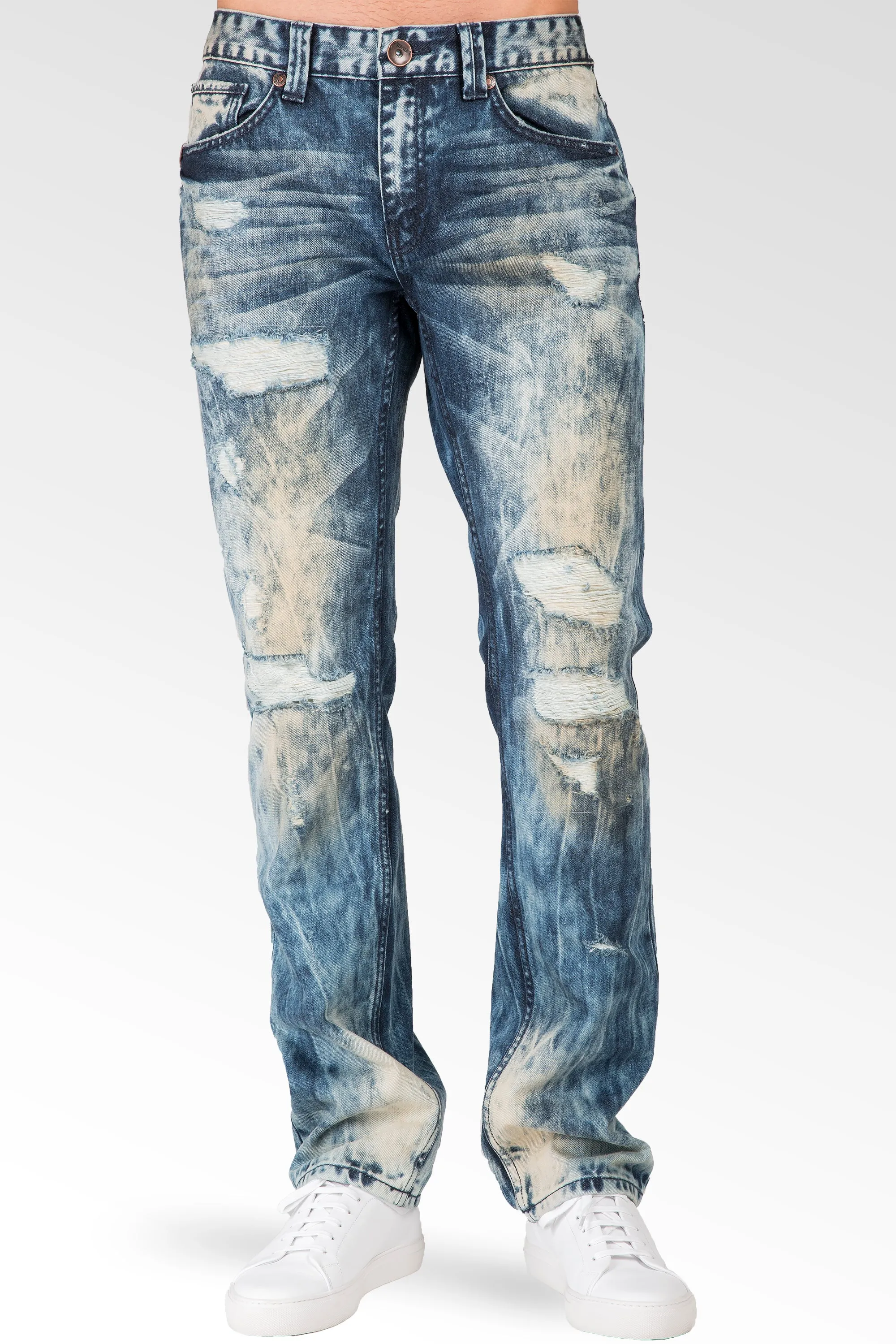 Slim Straight Destroyed & Mended Premium Denim 5 Pocket Jeans Bleach Tinted Wash