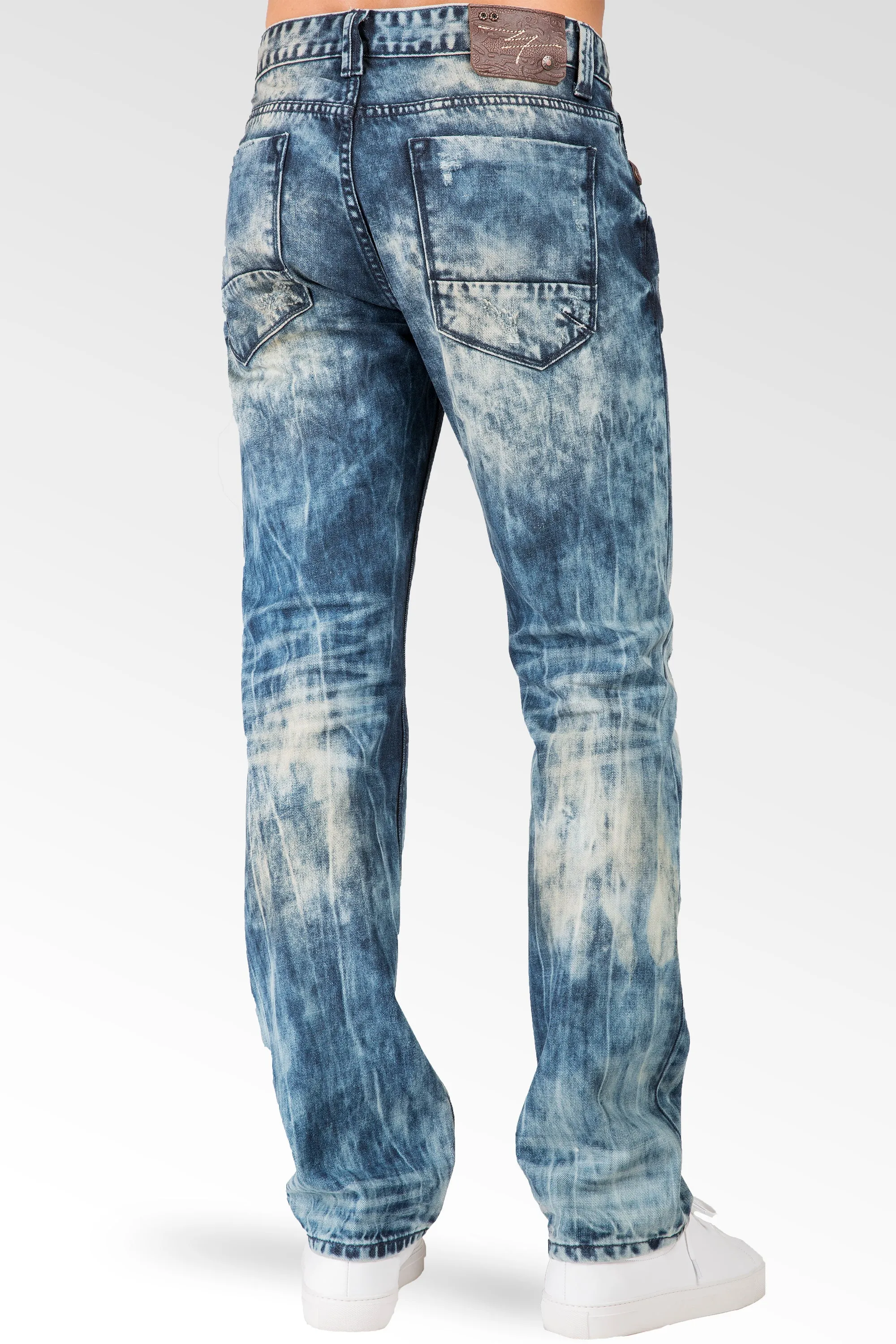 Slim Straight Destroyed & Mended Premium Denim 5 Pocket Jeans Bleach Tinted Wash