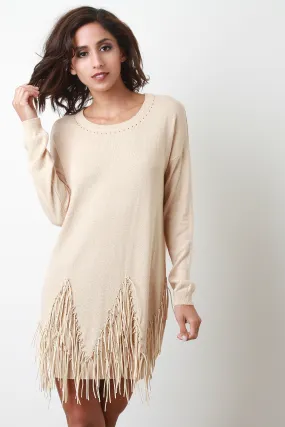 Suede Fringe Long Sleeves Sweater Dress