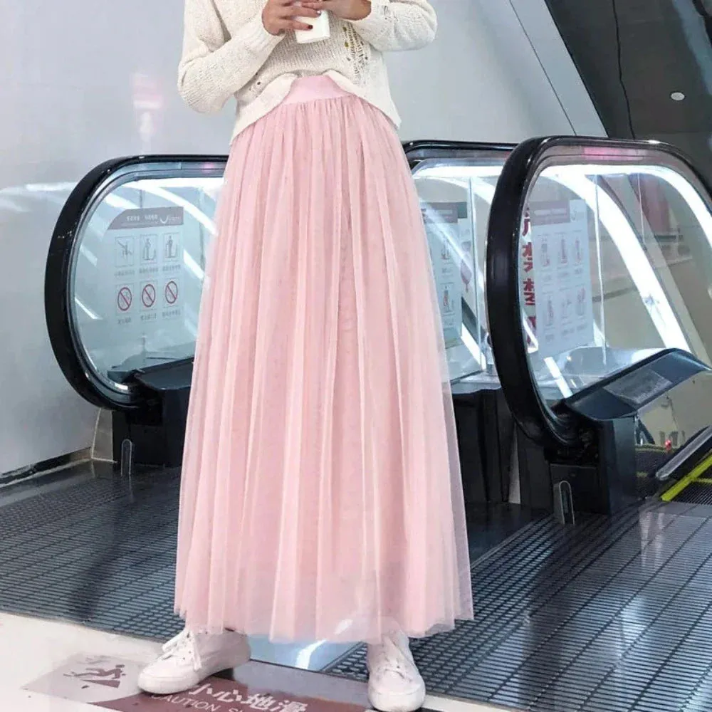 Summer 3 Layers Elastic High Waist Long Skirt