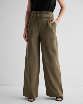 Super High Waisted Belted Paperbag Wide Leg Pant in Green Gold