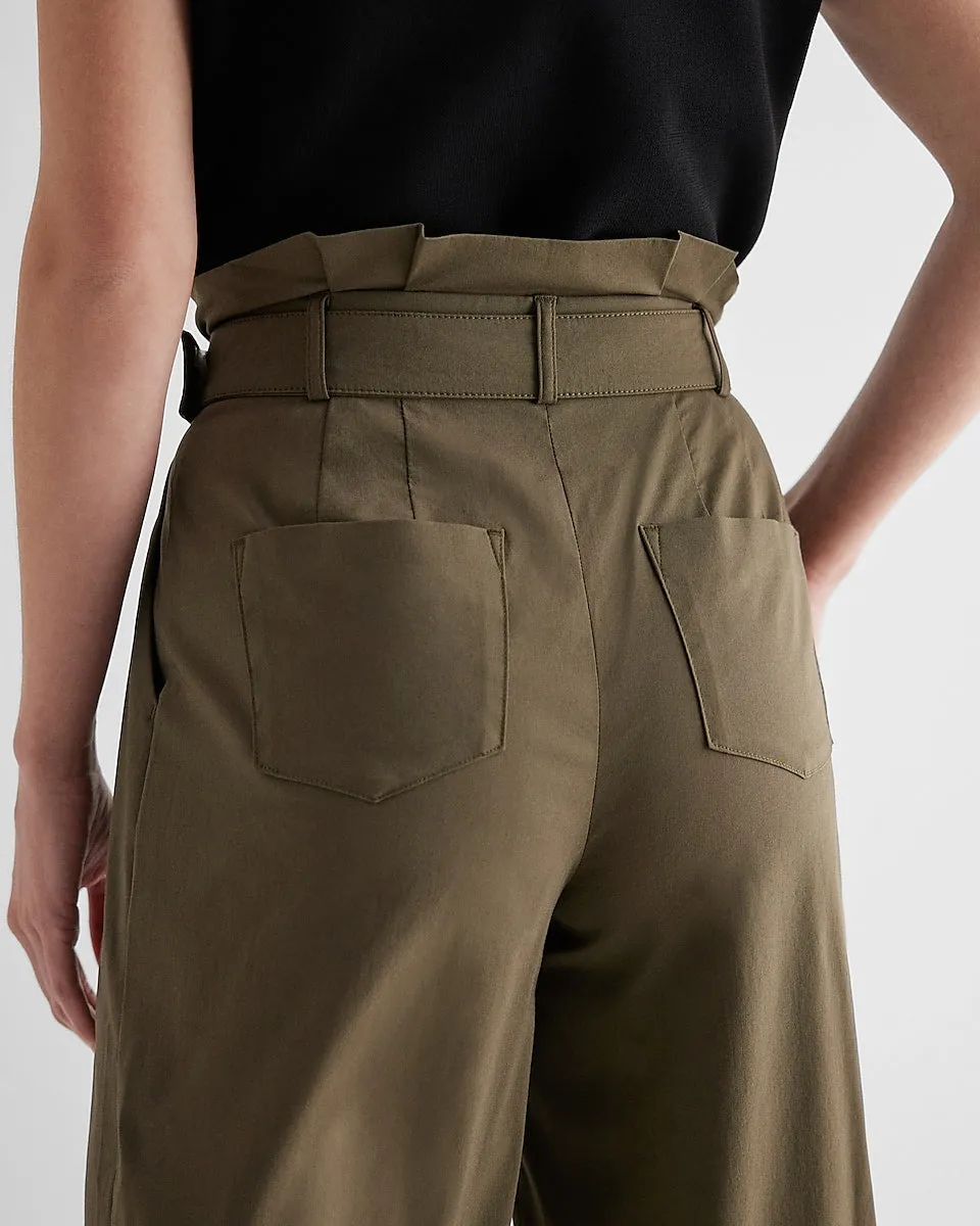 Super High Waisted Belted Paperbag Wide Leg Pant in Green Gold