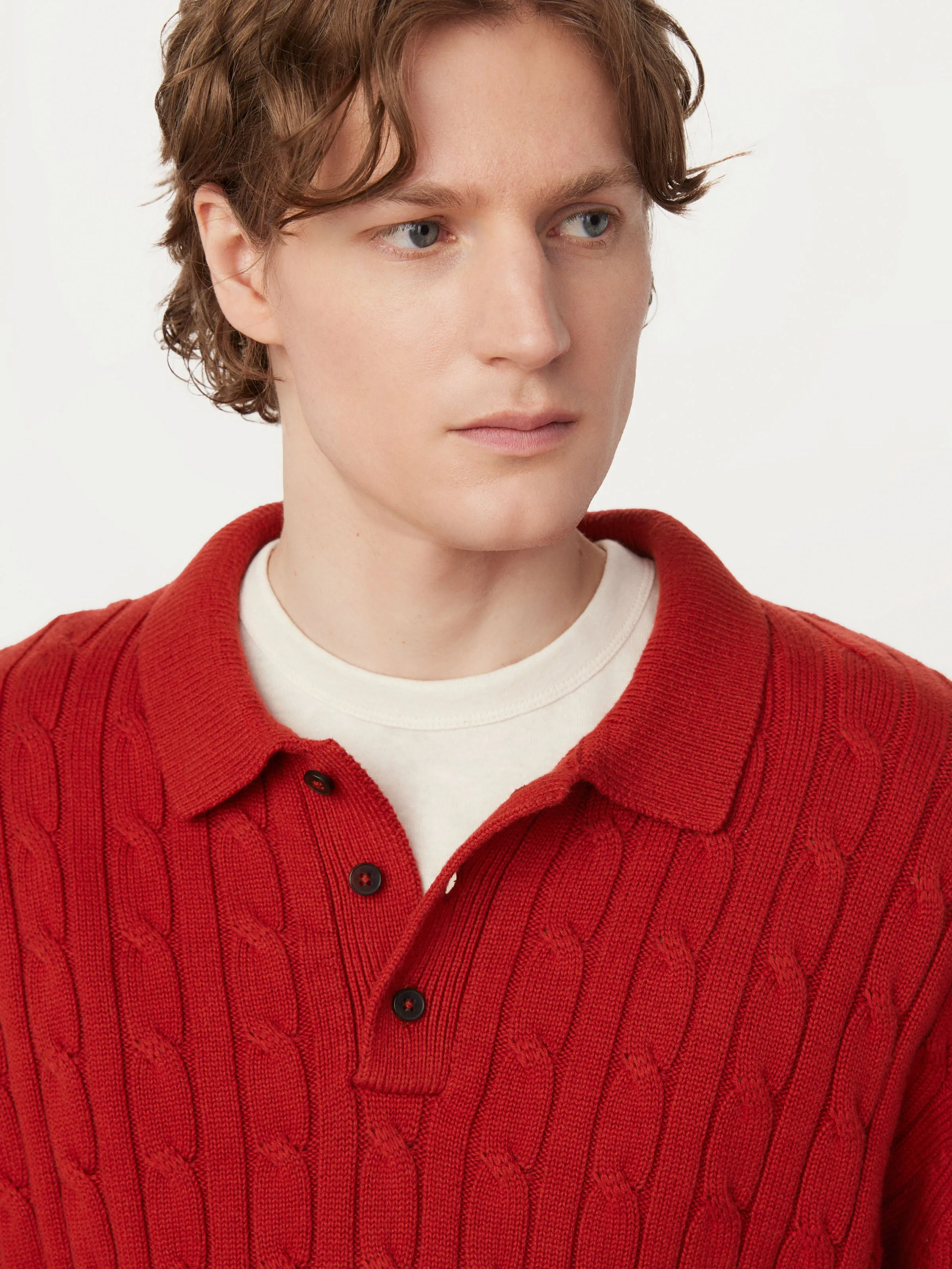 The Cable Knit Polo Sweater in Red