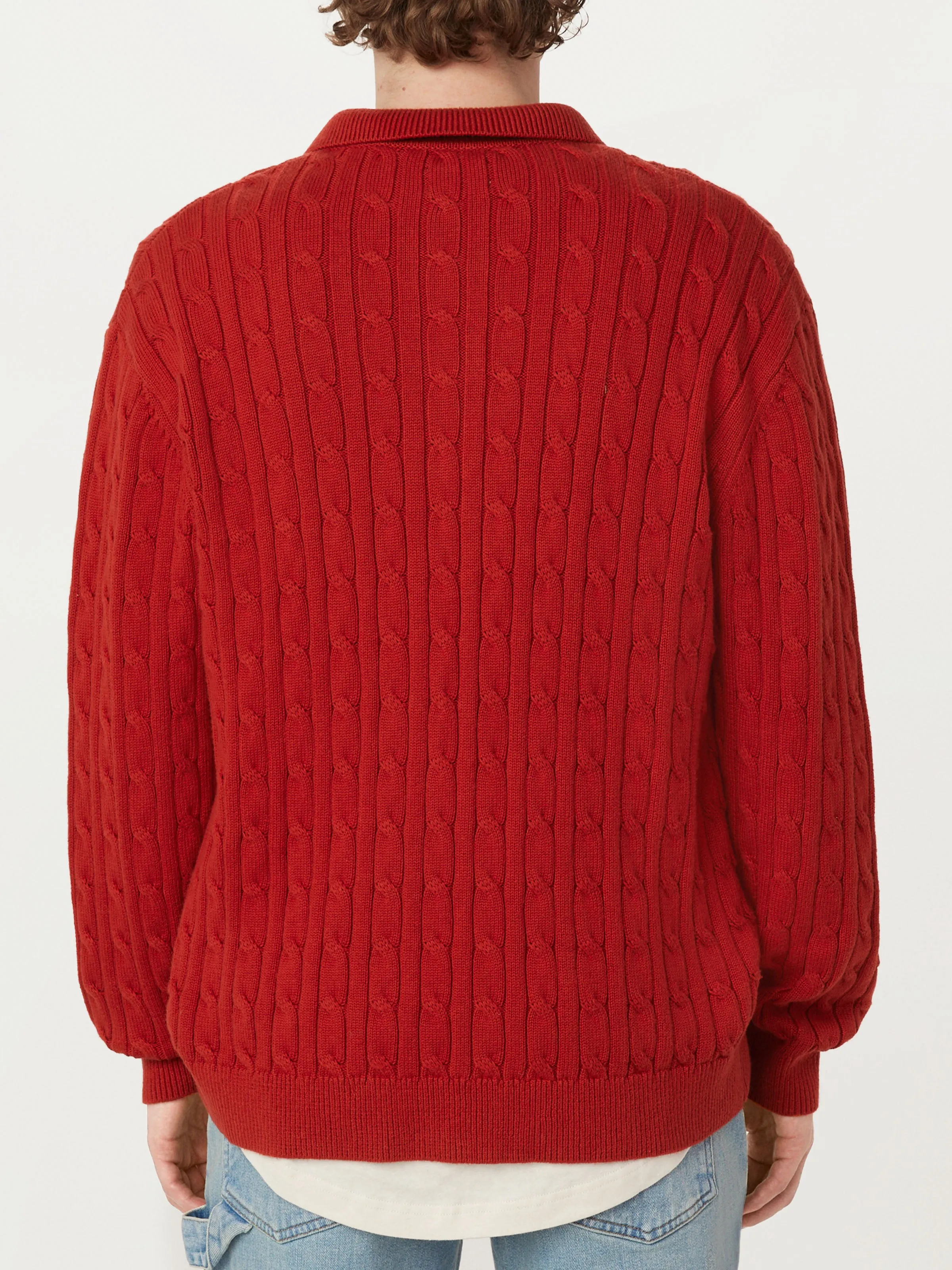 The Cable Knit Polo Sweater in Red