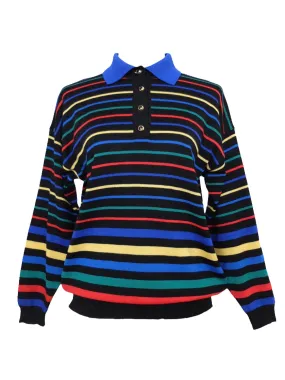 Vintage 80s Wool Blend Boho Mod Preppy Funky Abstract Striped Wool Blend Black & Primary Multicoloured Long Sleeve 1/4 Button Up Collared Polo Thin Sweater | Women’s Size M-L | Men’s Size S-M