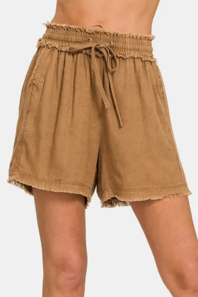 Washed Linen Frayed Hem Drawstring Shorts