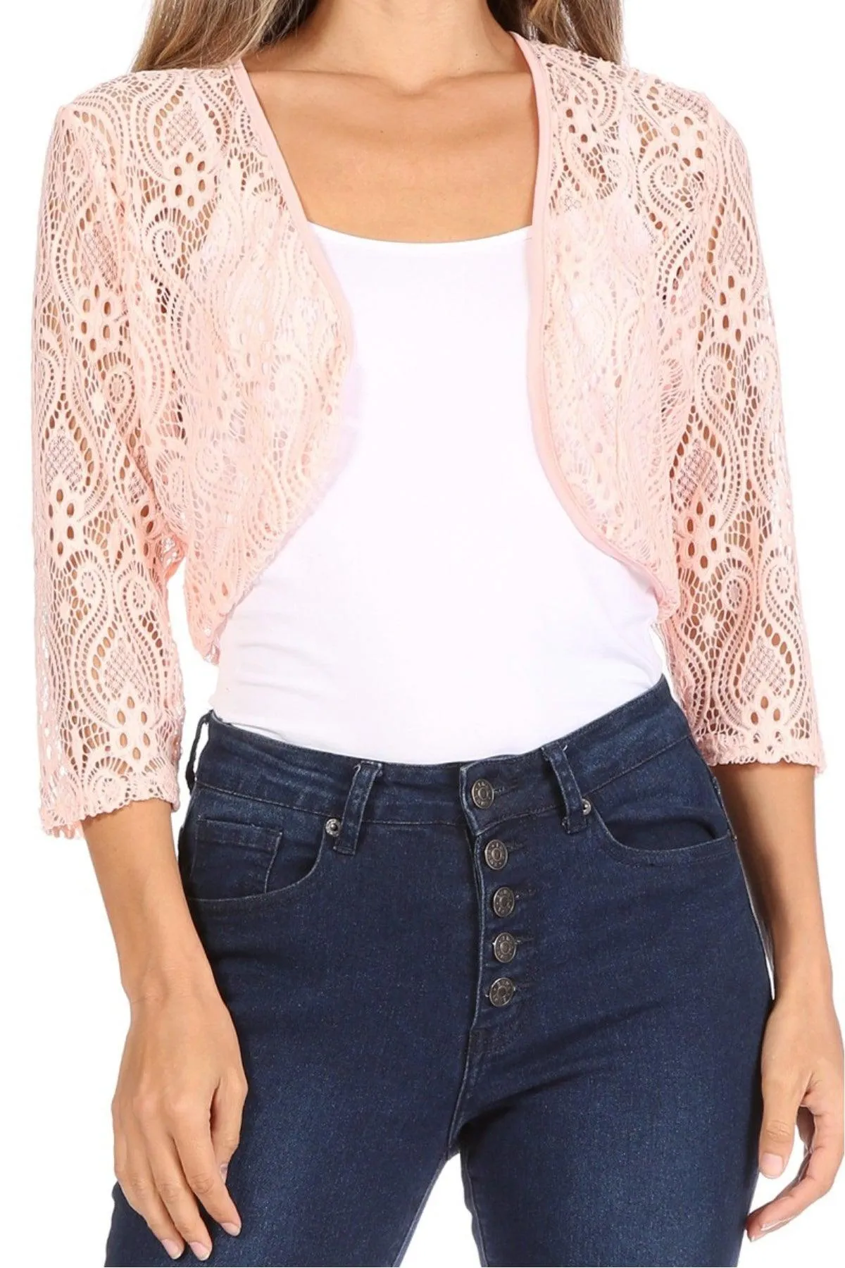 Women's Casual Lace Bolero Crochet Open Cardigan 3/4 Sleeve Sheer Cover Up Jacket