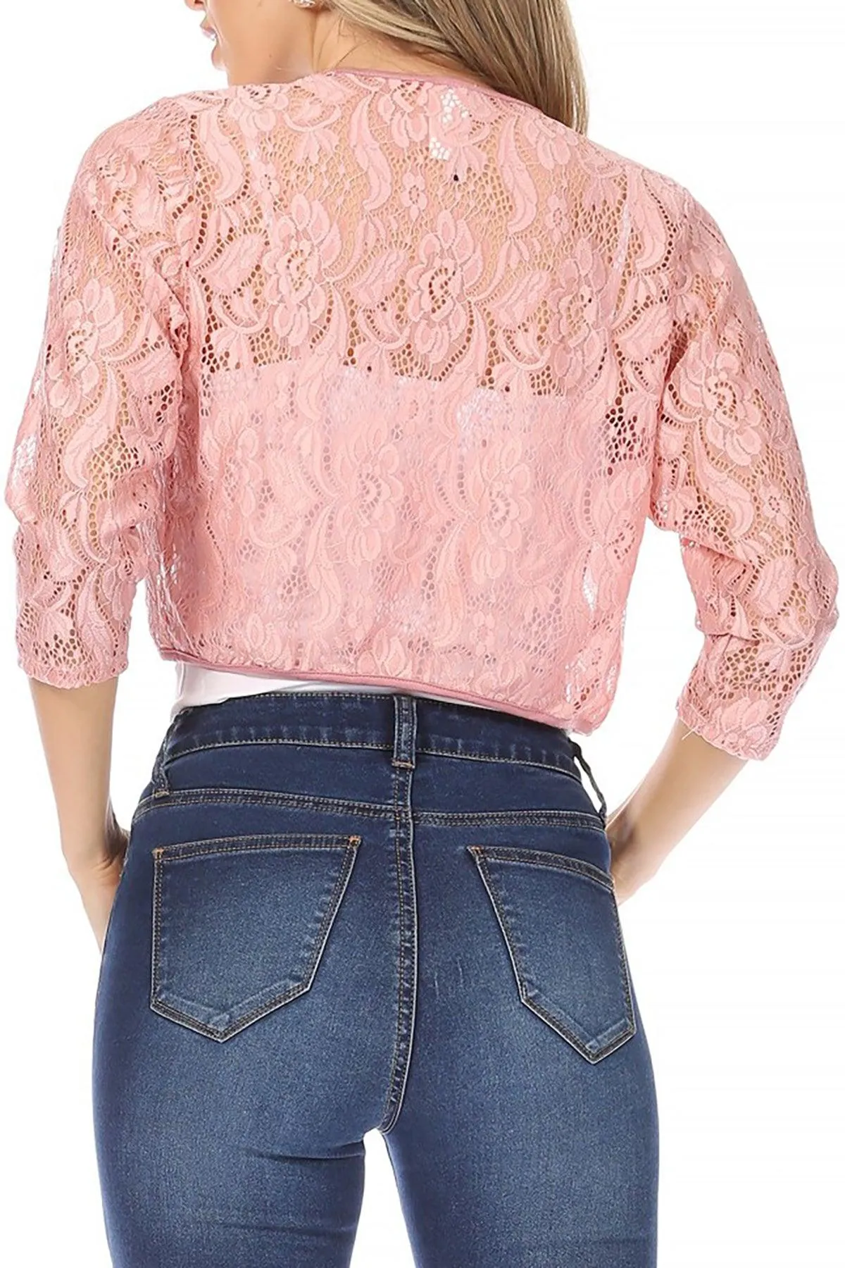 Women's Casual Lace Bolero Crochet Open Cardigan 3/4 Sleeve Sheer Cover Up Jacket