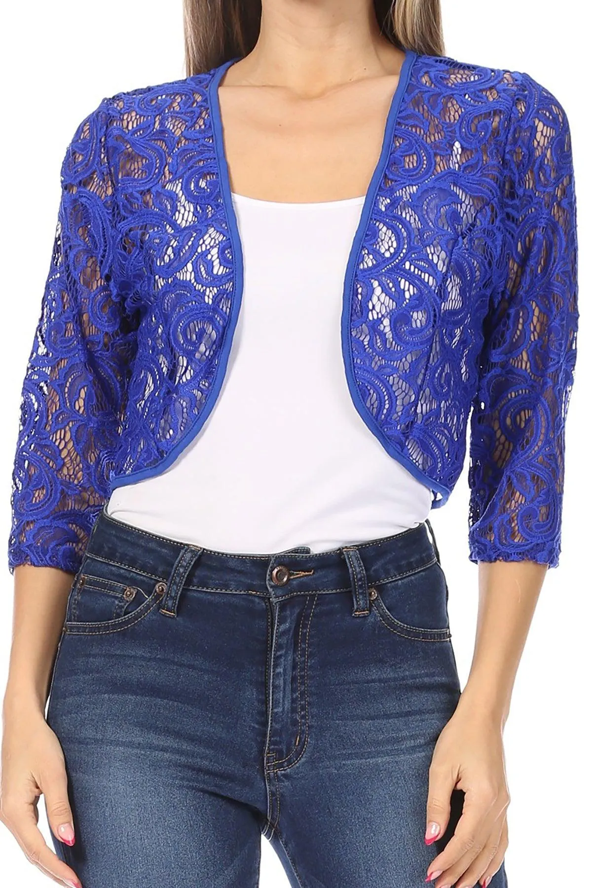 Women's Casual Lace Bolero Crochet Open Cardigan 3/4 Sleeve Sheer Cover Up Jacket