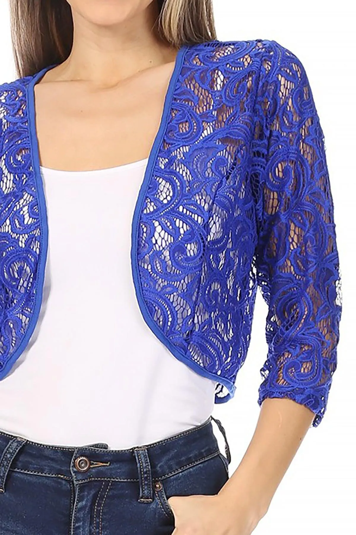 Women's Casual Lace Bolero Crochet Open Cardigan 3/4 Sleeve Sheer Cover Up Jacket