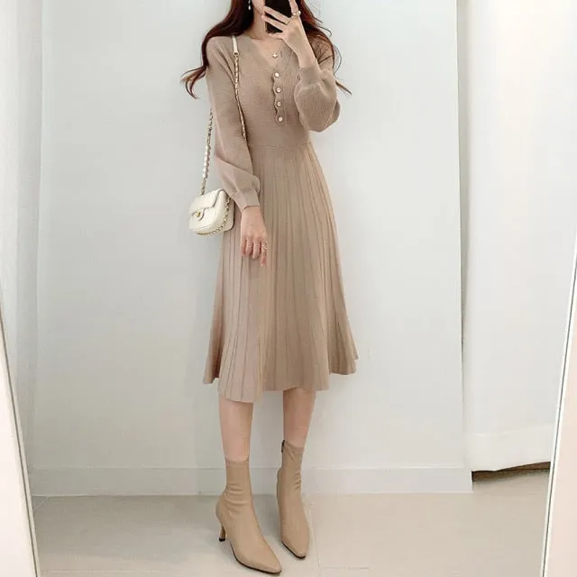 Yeknu Vintage Elegant Knitted Beige Midi Dress New Autumn Long Sleeve Slim Woman Sweater Dresses One-Piece Woman Pleated Dress