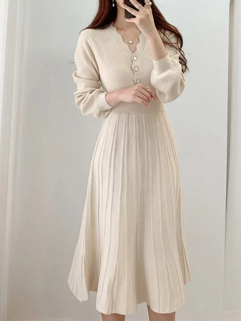 Yeknu Vintage Elegant Knitted Beige Midi Dress New Autumn Long Sleeve Slim Woman Sweater Dresses One-Piece Woman Pleated Dress