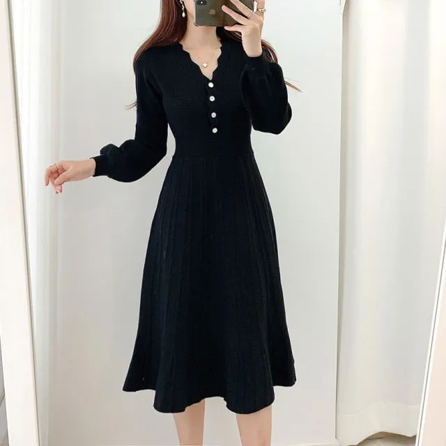 Yeknu Vintage Elegant Knitted Beige Midi Dress New Autumn Long Sleeve Slim Woman Sweater Dresses One-Piece Woman Pleated Dress