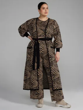 Zebra Print Belted Long Cardigan