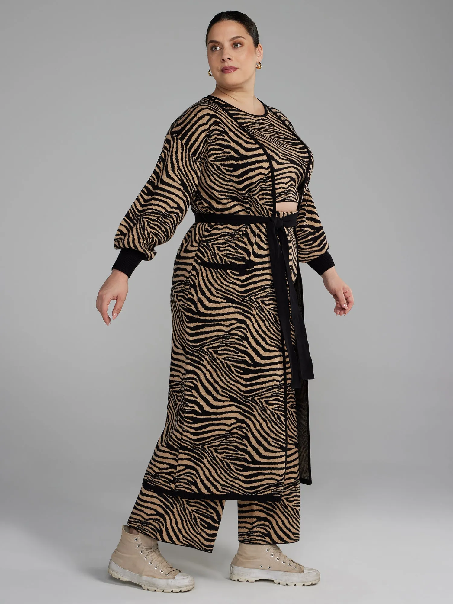 Zebra Print Belted Long Cardigan