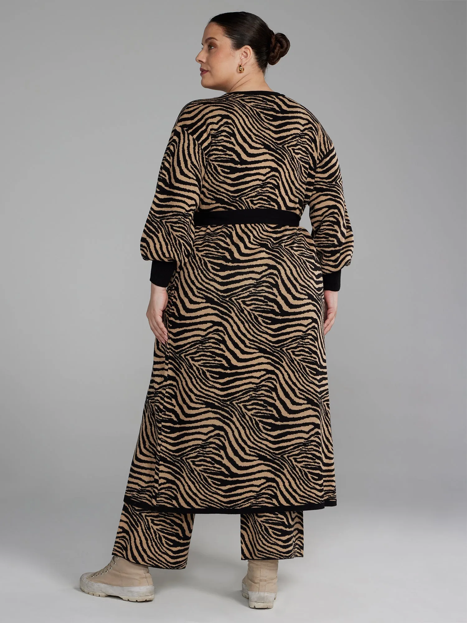 Zebra Print Belted Long Cardigan