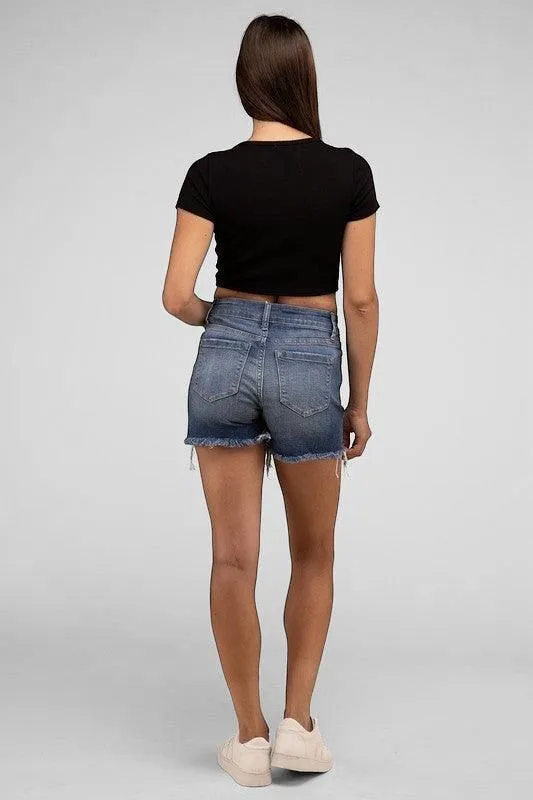 Zenana Mid Rise Raw Frayed Hem Denim Shorts